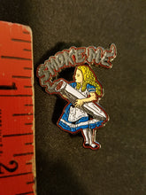 Load image into Gallery viewer, Alice Smoke Me Hat Pin Psychedelic

